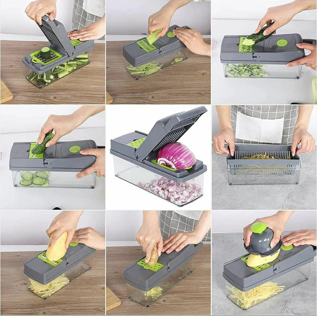 16-in-1 Multifunctional Vegetable Chopper & Slicer with Colander Basket and Storage Container – Heavy-Duty Food Cutter & Dicer for Onion, Potato, Carrot, Garlic & More